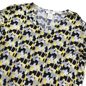 Laura Ashley Top Women PS Petite Yellow Black Abstract Glitter 3/4 Sleeve V-Neck